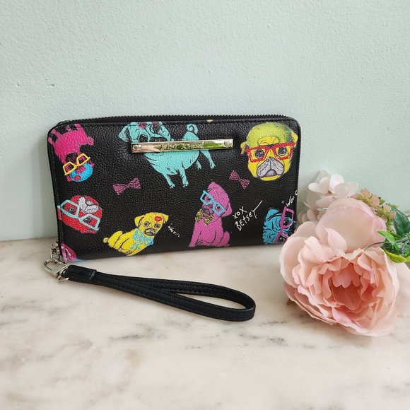 Betsey Johnson Pug Wristlet Zipper Black Pink Blue Dog Purse Small Bag - Picture 2 of 7